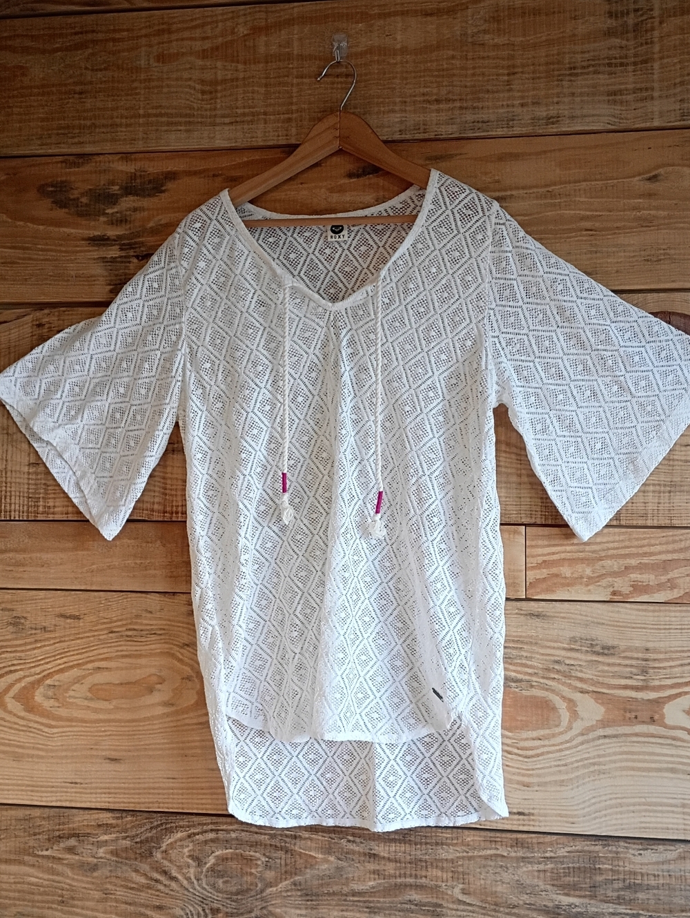 Sheer Beachy Eyelet Lace Tunic White Lace Tie-Front Tunic Top With Bell Sleeves